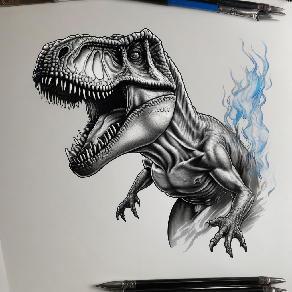 Chrome T-Rex with a blue tongue, holding a fire sword(AIが生成したリアリズムスタイルのタトゥーデザイン)