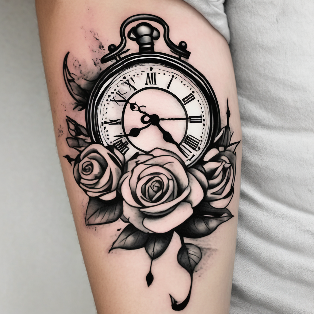 Clock with roses on shoulder/bicep going into roses with the word amor on forearm, AI-generated Watercolor tattoo design