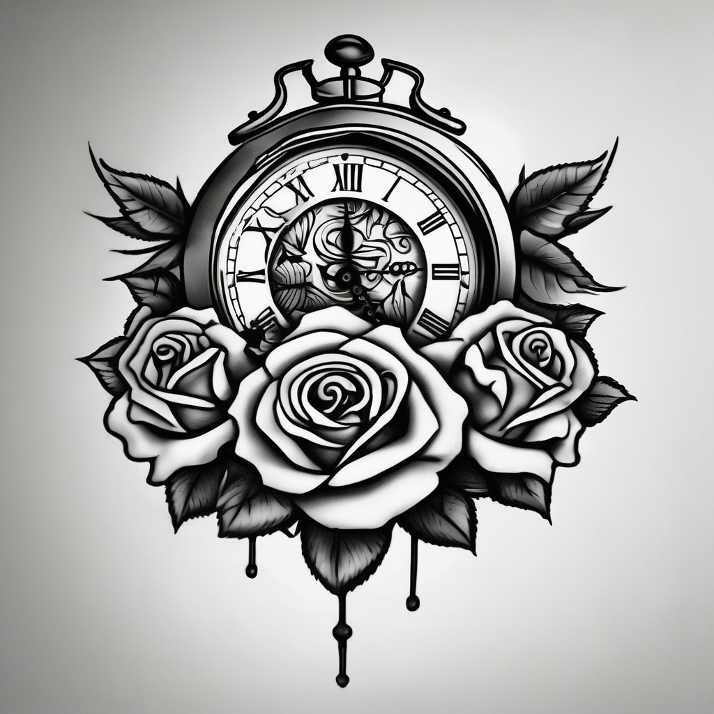 Clock with roses on shoulder/bicep going into roses with the word amor on forearm, AI-generated Sketch tattoo design