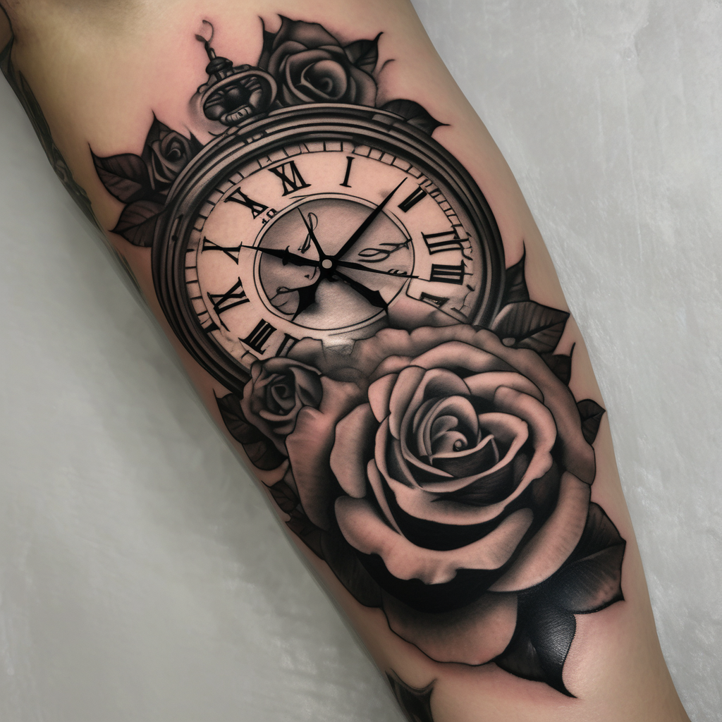 Clock with roses on shoulder/bicep going into roses with the word amor on forearm, AI-generated Realistic tattoo design