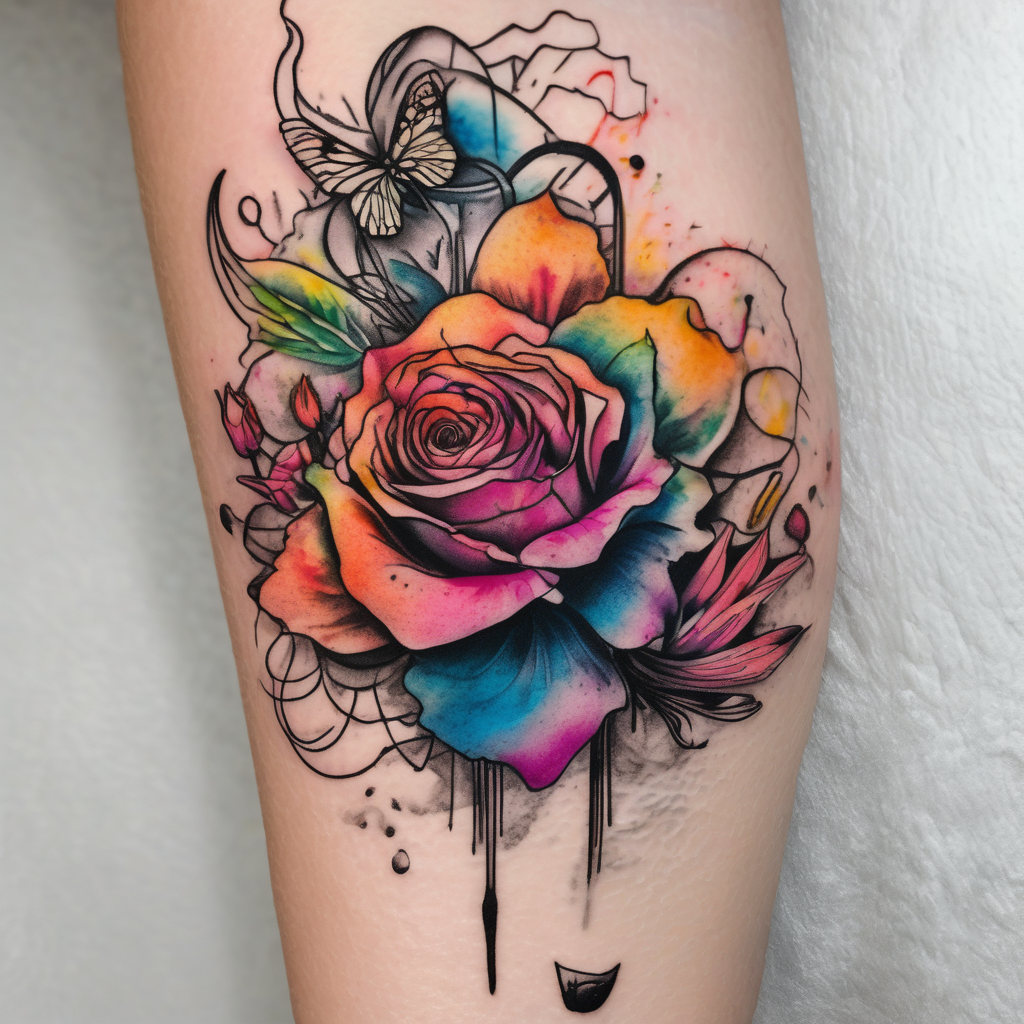 a colorful, vibrant, rainbow watercolor tattoo with one rose, one lily, one marigold, and one cosmos flower and with splashes of color, design de tatouage Surréaliste généré par IA