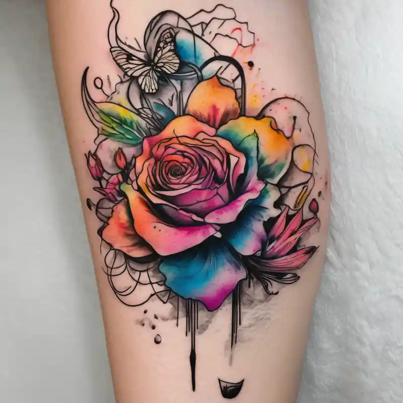 a colorful, vibrant, rainbow watercolor tattoo with one rose, one lily, one marigold, and one cosmos flower and with splashes – Surréaliste, Couleurs vives