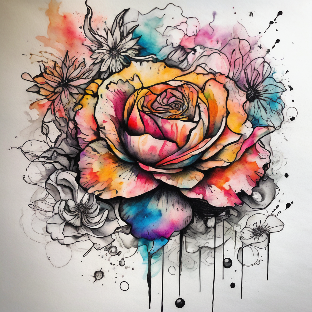 a colorful, vibrant, watercolor tattoo with one rose, one lily, one marigold, and one cosmos flower and with splashes of color, design de tatouage Surréaliste généré par IA