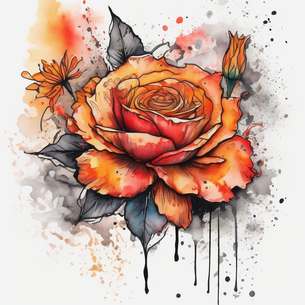 a colorful, vibrant, watercolor tattoo with one red rose, one orange lily, one gold marigold, and one orange cosmos flower and with splashes of color, design de tatouage Surréaliste généré par IA