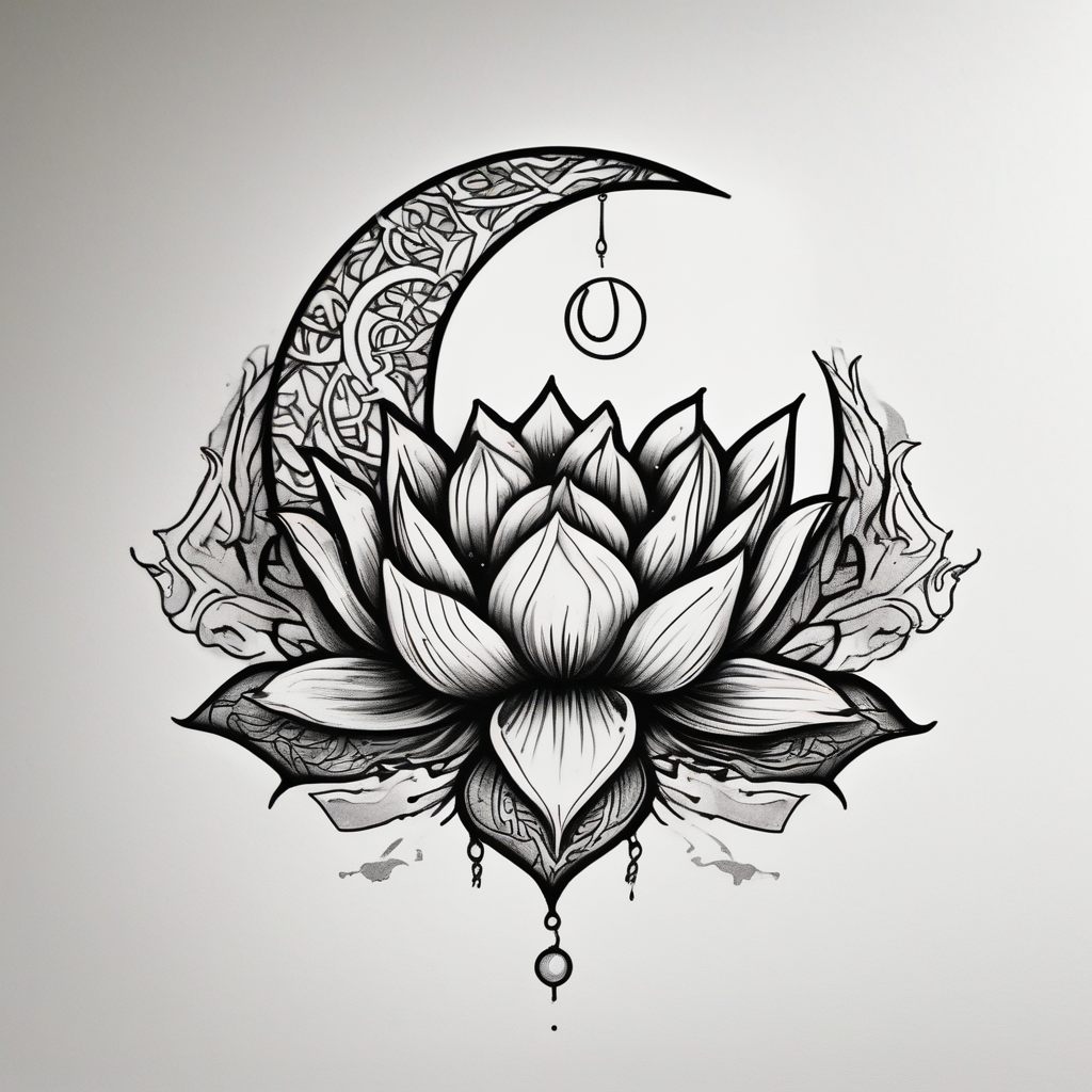 tiny colorful crescent moon with lotus flower, AI-generated Realistic tattoo design