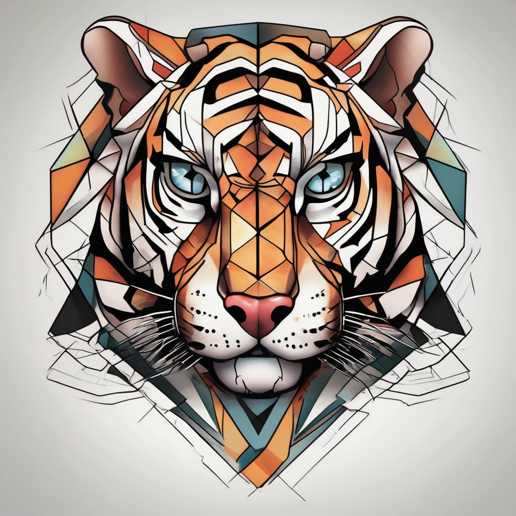 a full color cubist tiger tattoo illustrated in polyc tattoo artist style, design de tatouage Réaliste généré par IA