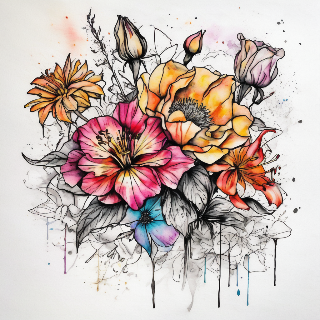 a colorful, vibrant, watercolor tattoo with one rose, one lily, one marigold, and one cosmos flower and with splashes of color, design de tatouage Cartoon généré par IA