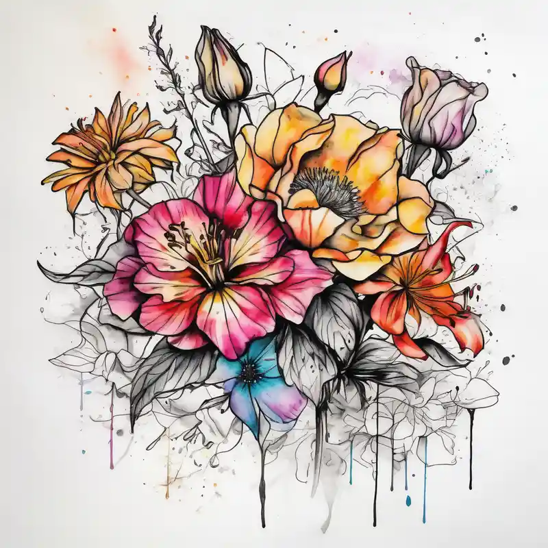 a colorful, vibrant, watercolor tattoo with one rose, one lily, one marigold, and one cosmos flower and with splashes of