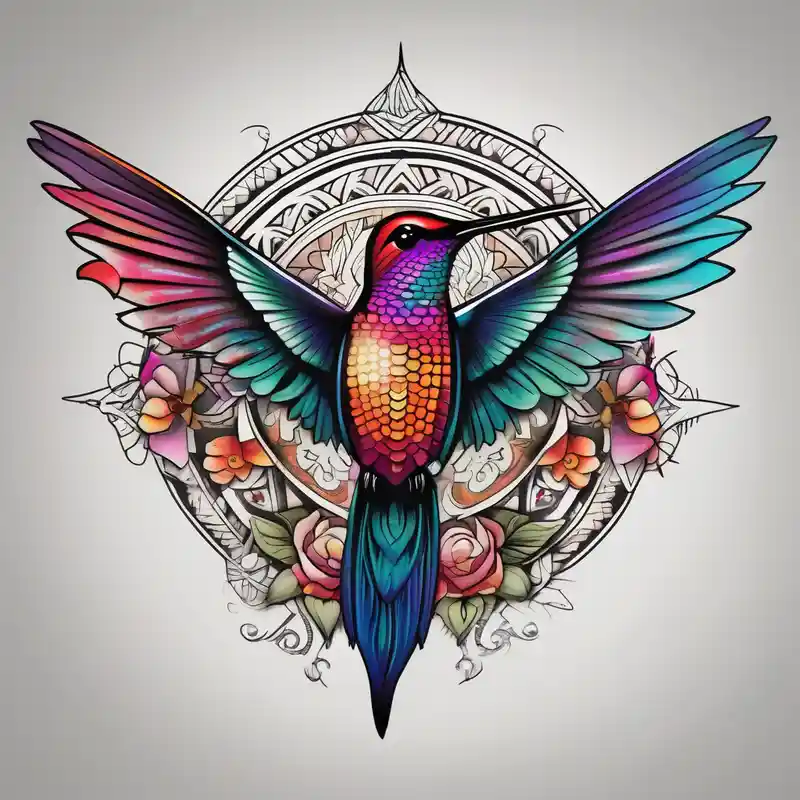 Colorful hummingbird centered in front of a mandala design – Réaliste, Couleurs vives