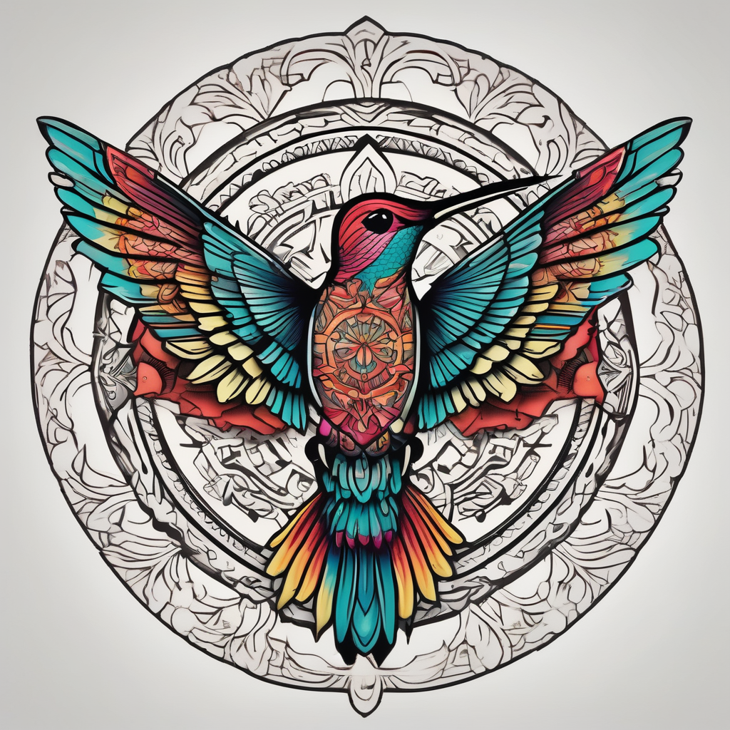 Colorful hummingbird centered in front of a mandala design, design de tatouage Old school généré par IA