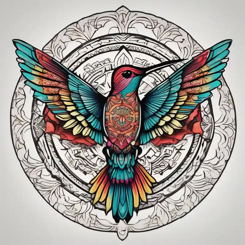Colorful hummingbird centered in front of a mandala design