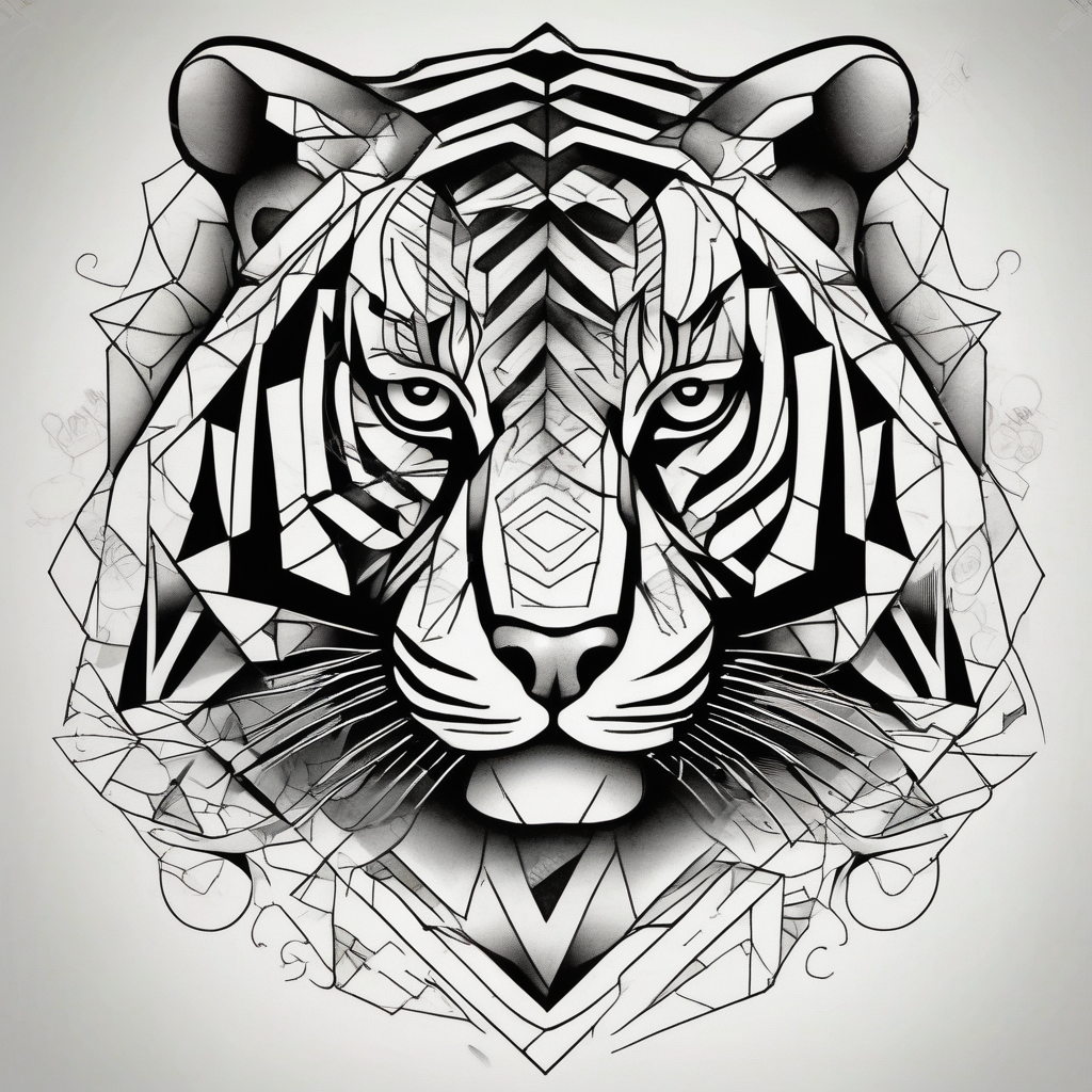 a full color cubist tiger tattoo illustrated in polyc tattoo artist style, design de tatouage Blackwork généré par IA