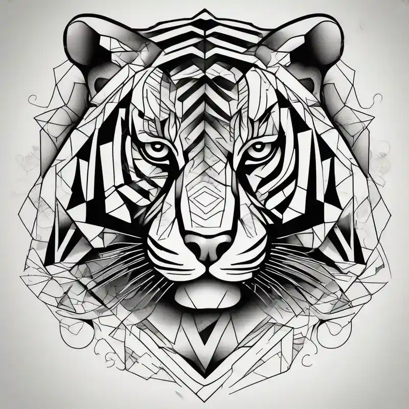 a full color cubist tiger tattoo illustrated in polyc tattoo artist style – Blackwork, Couleurs vives