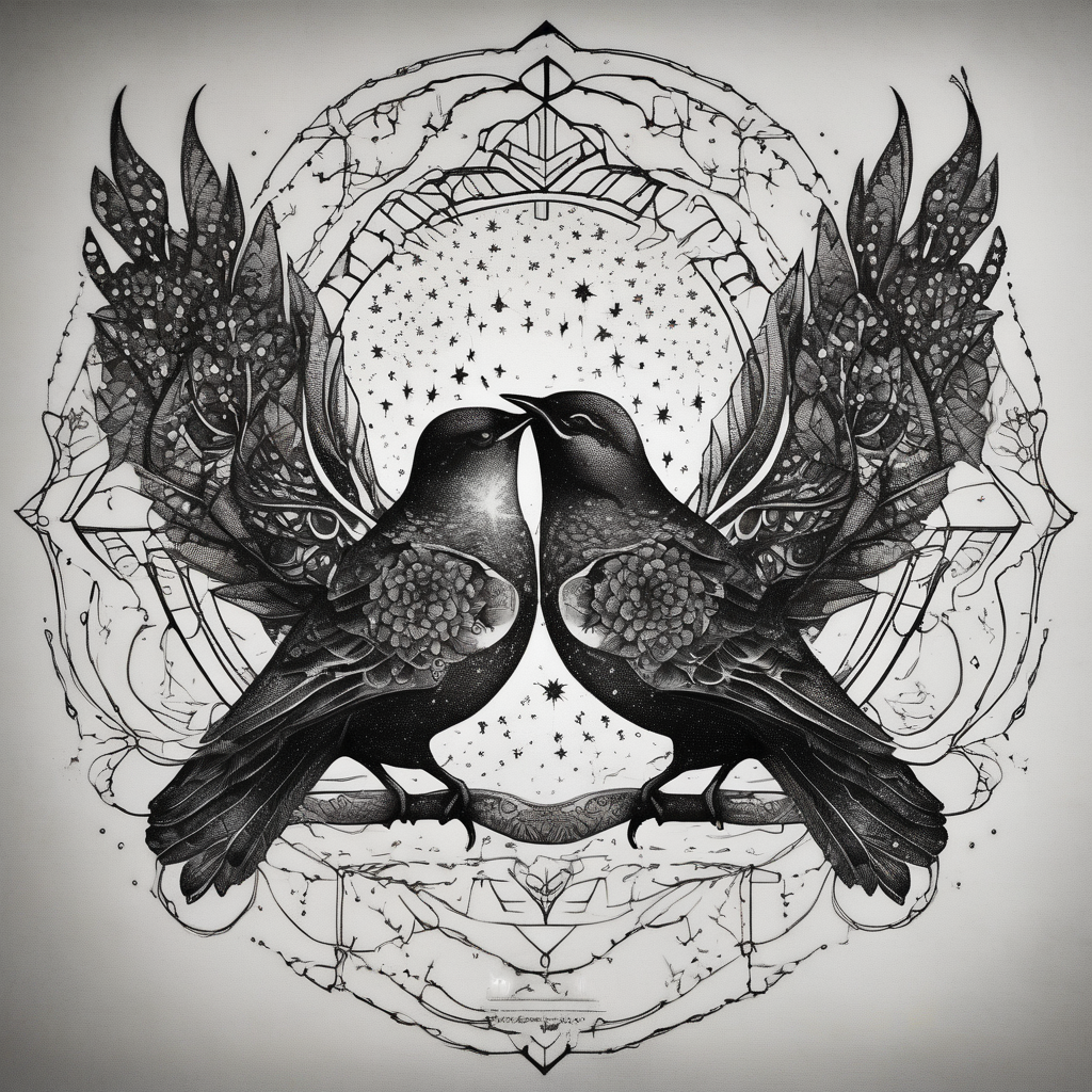 two birds sitting, stars and infinite theme couples tattoo couple-for-couples, AI-generated Dotwork tattoo design