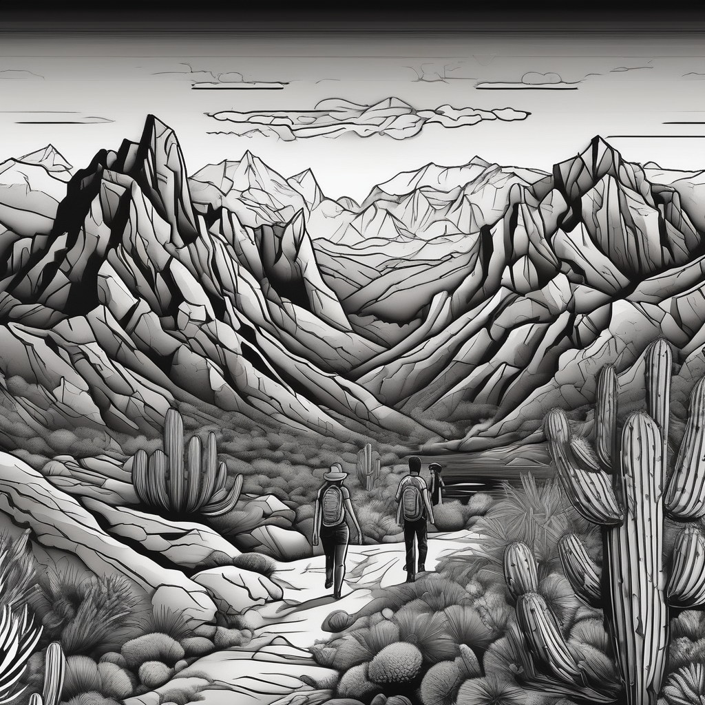 Couple hiking, cactus, mountains couple-for-couples, diseño de tatuaje Blanco y negro generado con IA