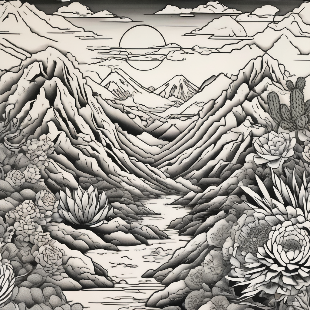 Couple hiking, cactus, mountains couple-for-couples, diseño de tatuaje Japonés generado con IA