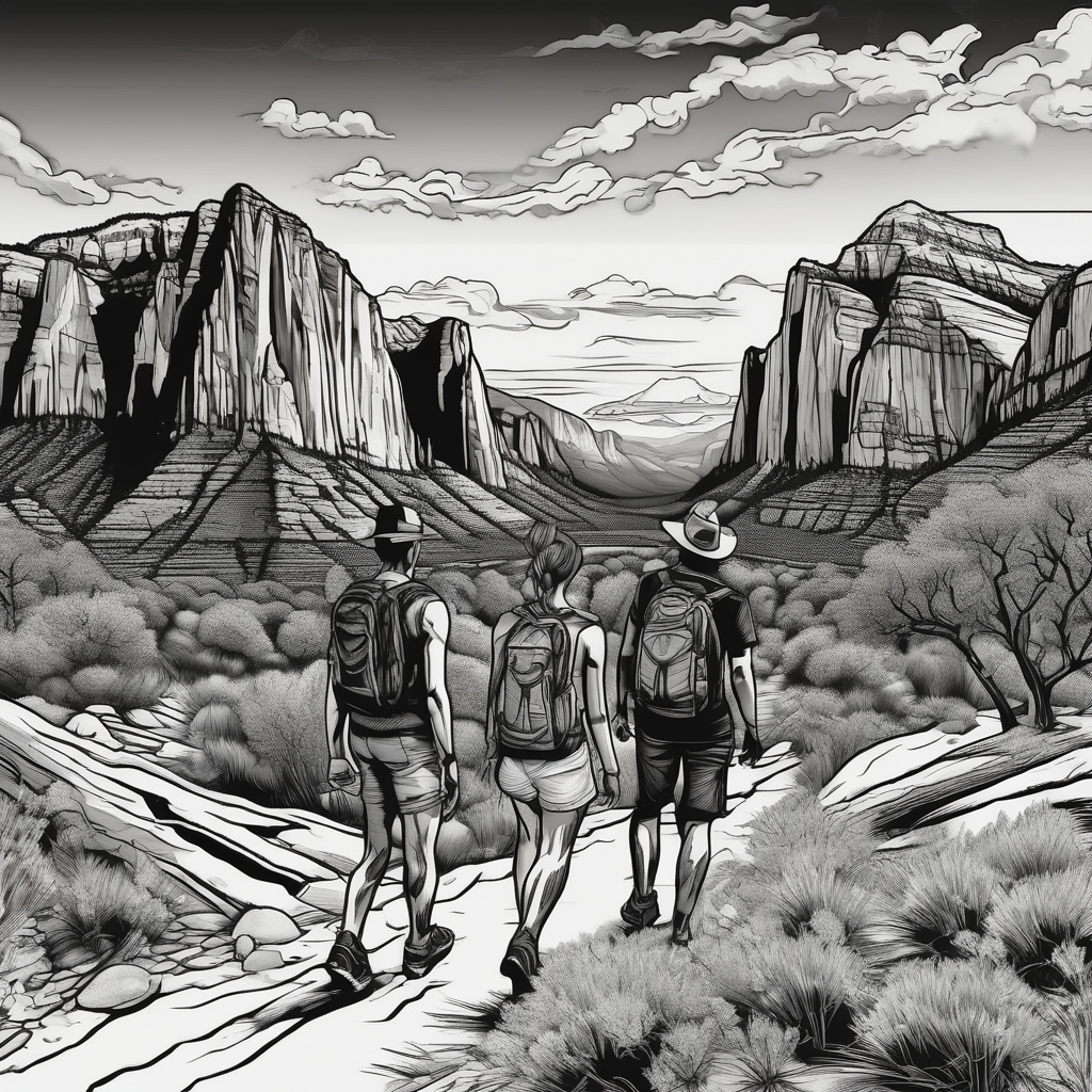 Couple hiking, zion national park couple-for-couples, diseño de tatuaje Blanco y negro generado con IA