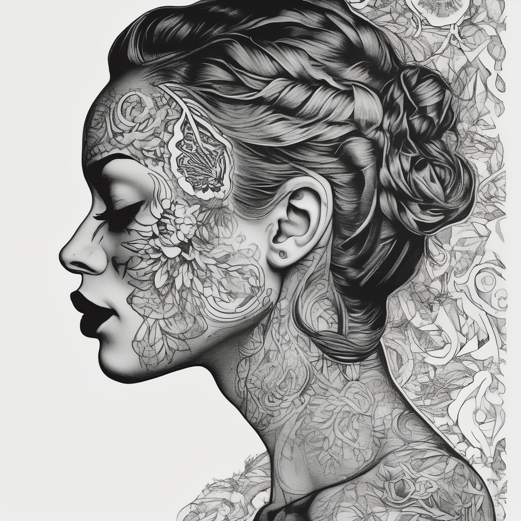 Black and white profile of woman with chin pressed on hand, lace covering her eyes, mouth open suckling on fingers cover-up, AI-generated Blackwork tattoo design