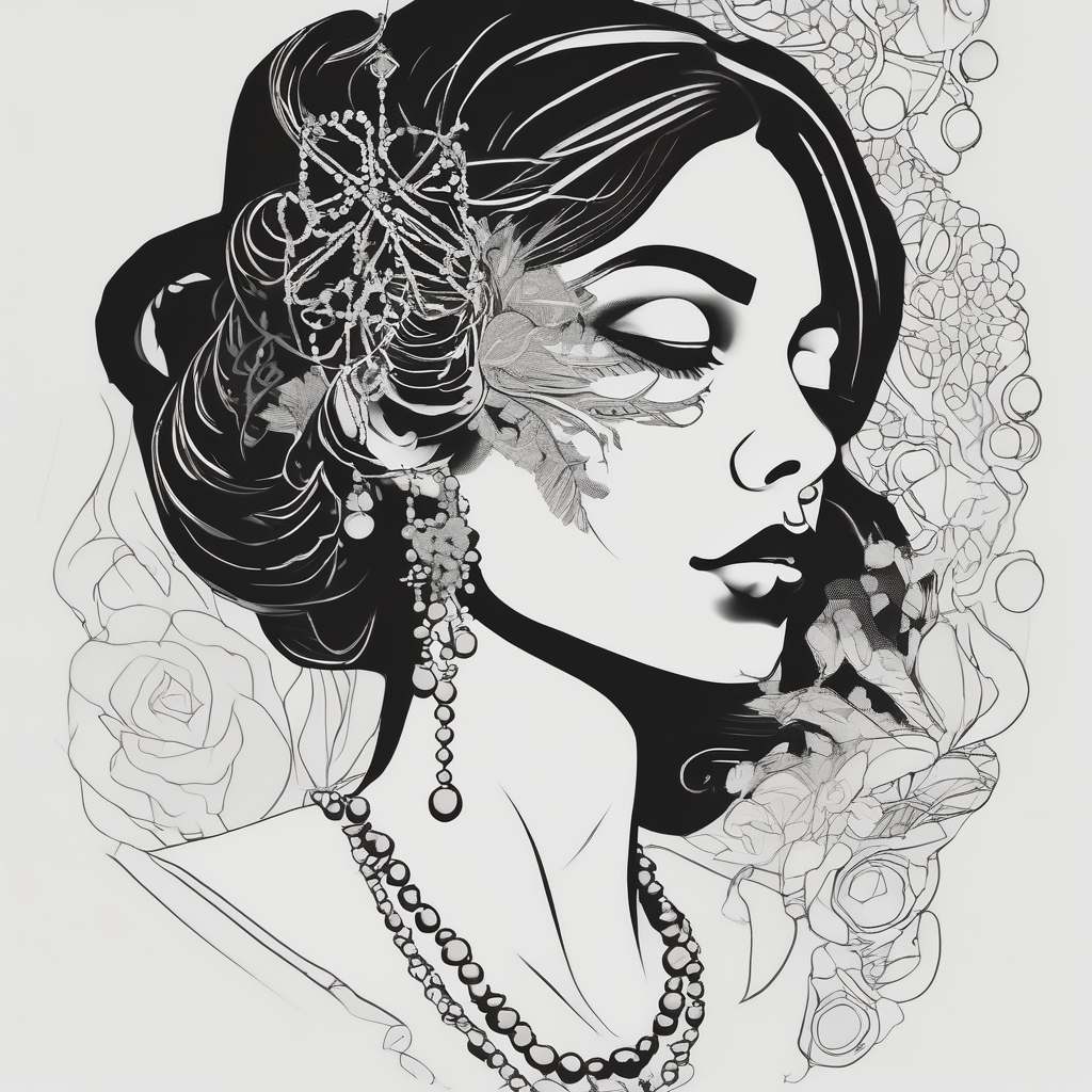 Black and white profile of woman with chin pressed on hand, lace covering her eyes while sucking on pearl necklace cover-up, AI-generated Minimalist tattoo design