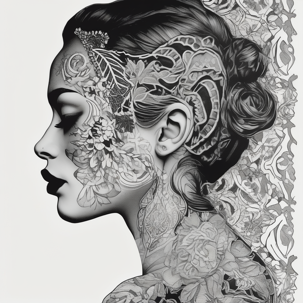 Black and white profile of woman with chin pressed on hand, lace covering her eyes, mouth open suckling on fingers cover-up, diseño de tatuaje Blanco y negro generado con IA