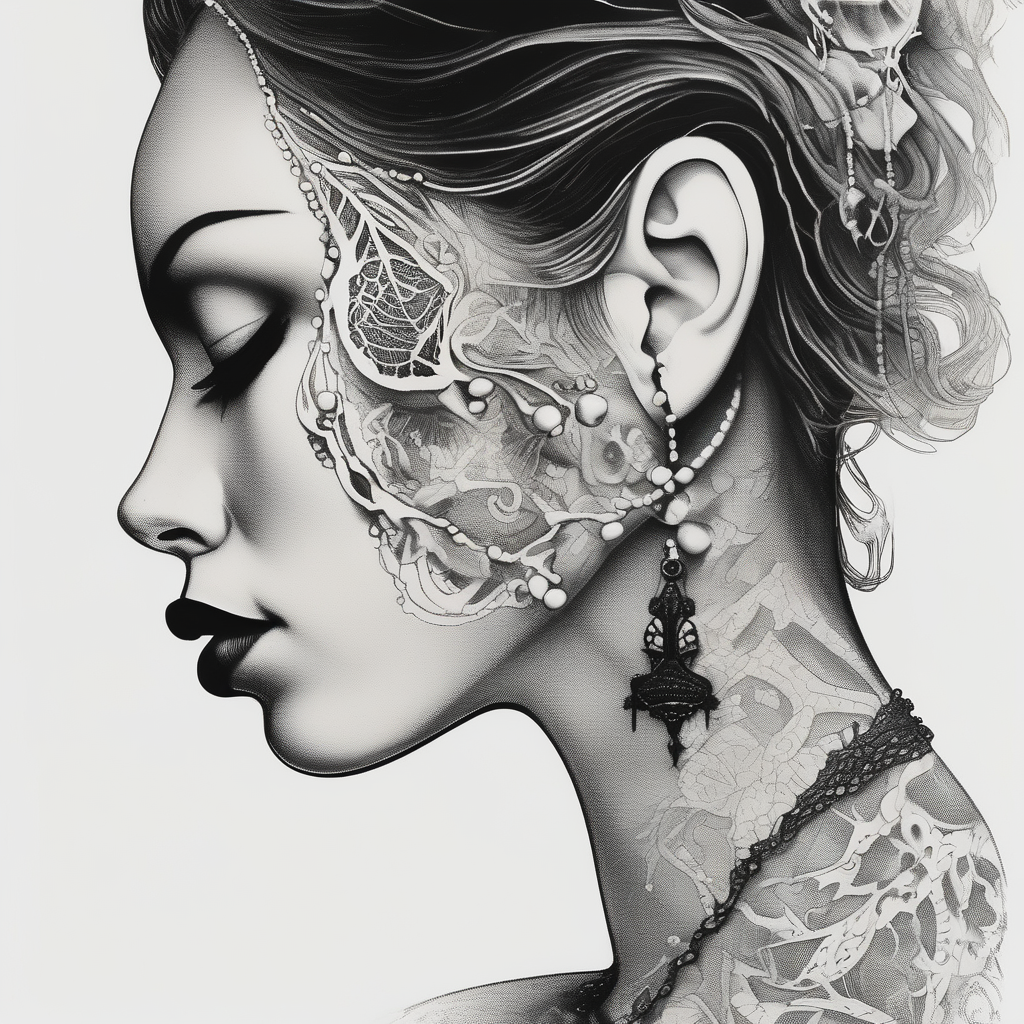 Black and white profile of woman with chin pressed on hand, lace covering her eyes while biting on pearl necklace cover-up, AI-generated Surreal tattoo design