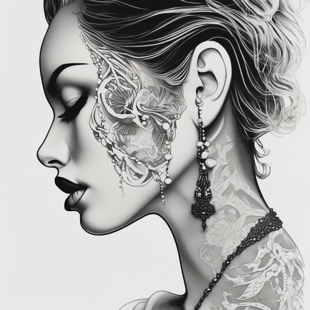 Black and white profile of woman with chin pressed on hand, lace covering her eyes while biting on pearl necklace cover-up, AI-generated Minimalist tattoo design