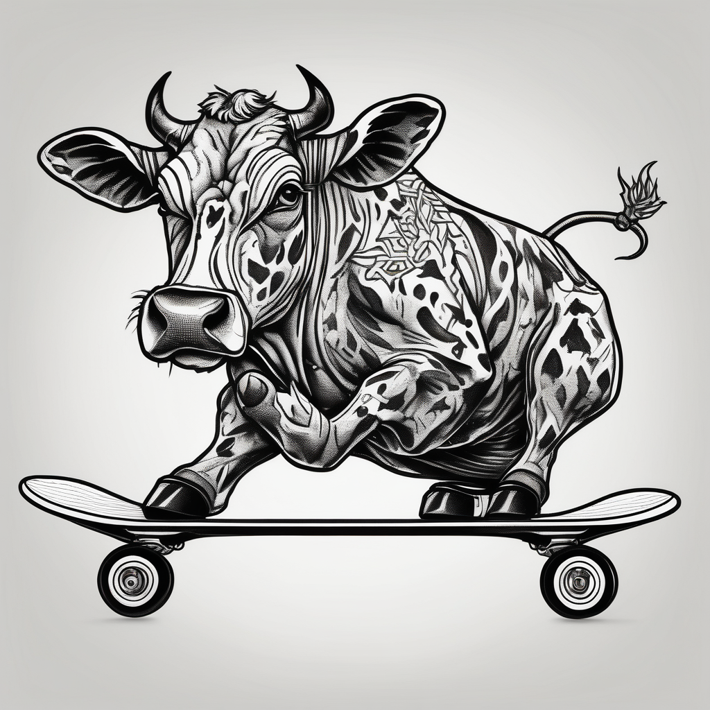 Cow riding skateboard jumping(AIが生成したブラックワークスタイルのタトゥーデザイン)