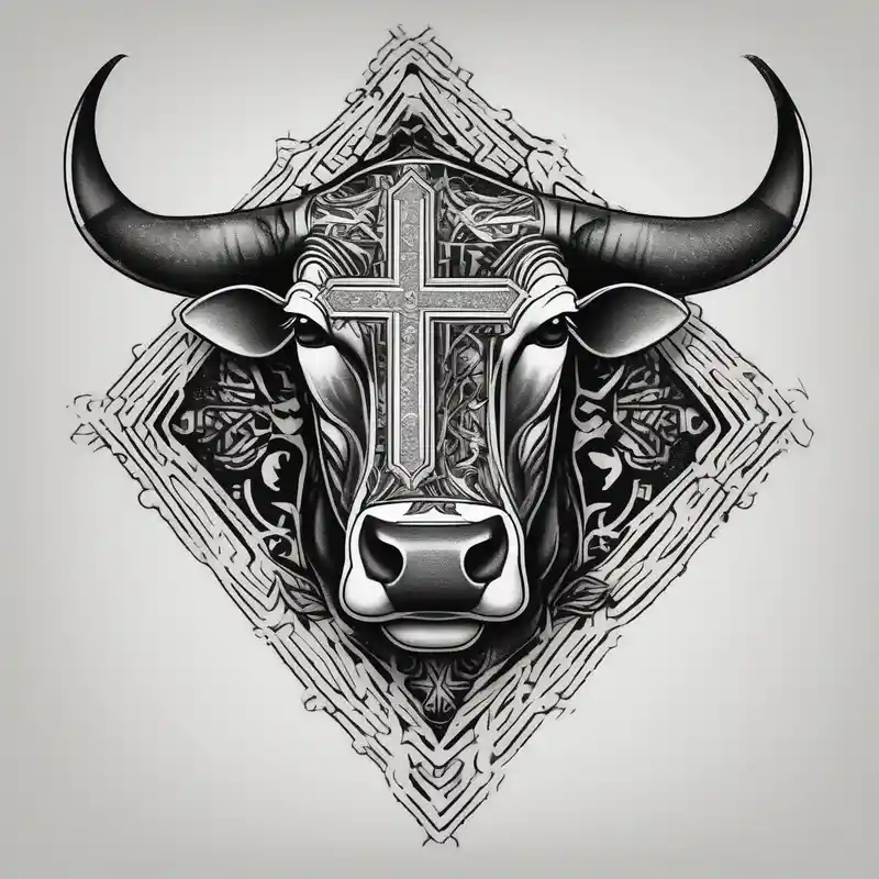 blackwork style Cow Tattoo Ideas in 2025 about leather detail with cow tag and cross sleeve and leather detail with cow tag and cross sleeve
