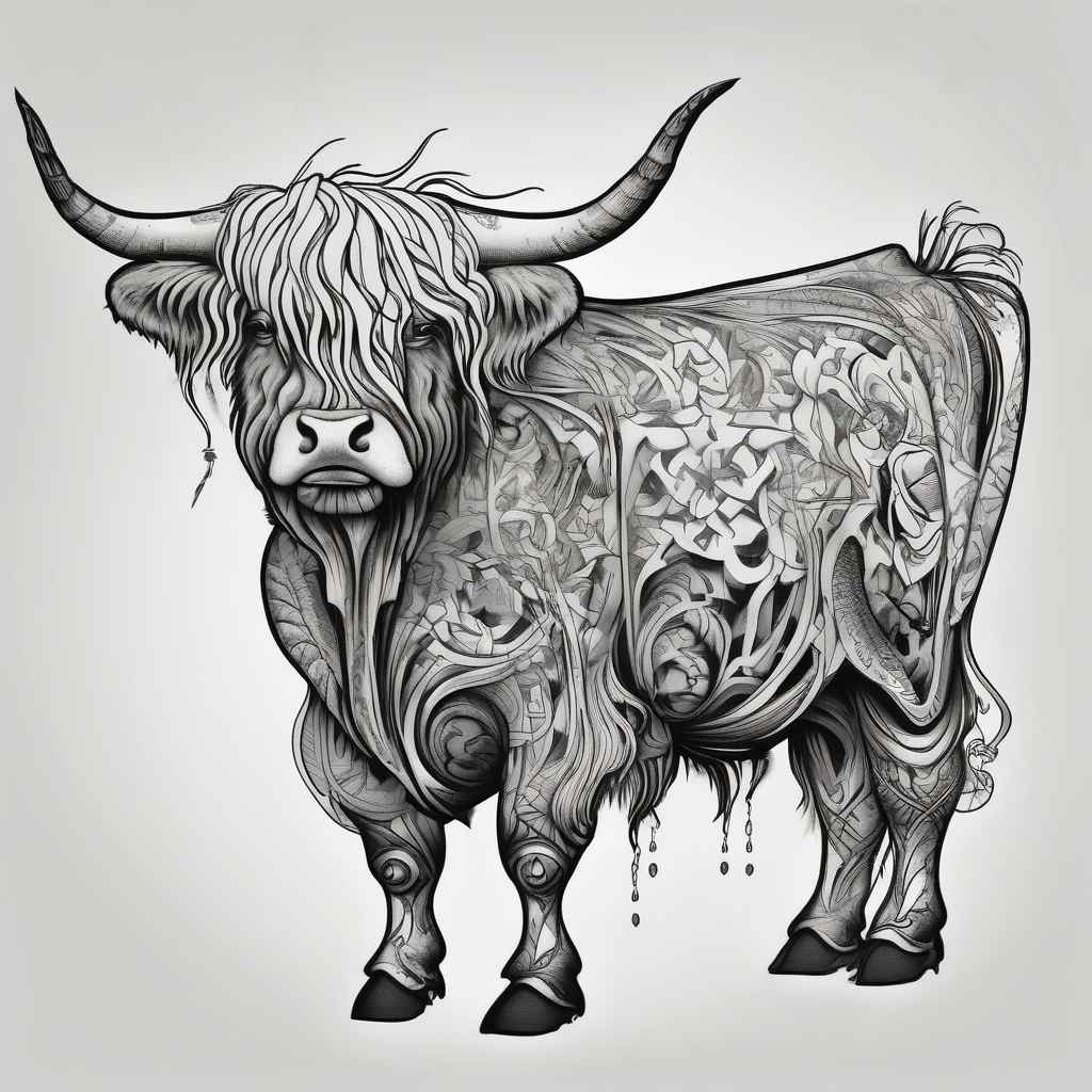 highland cow smiling standing on hind legs, design de tatouage Surréaliste généré par IA