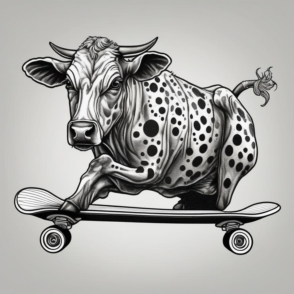 Cow riding skateboard jumping(AIが生成したドットワークスタイルのタトゥーデザイン)