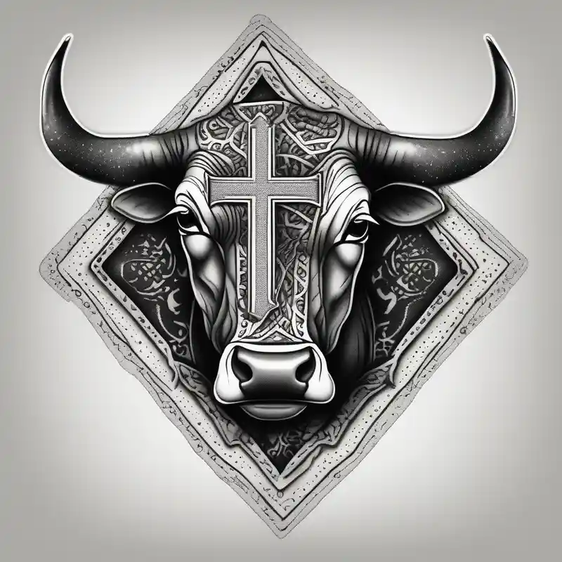 dotwork style Cow Tattoo Ideas in 2025 about leather detail with cow tag and cross sleeve and leather detail with cow tag and cross sleeve