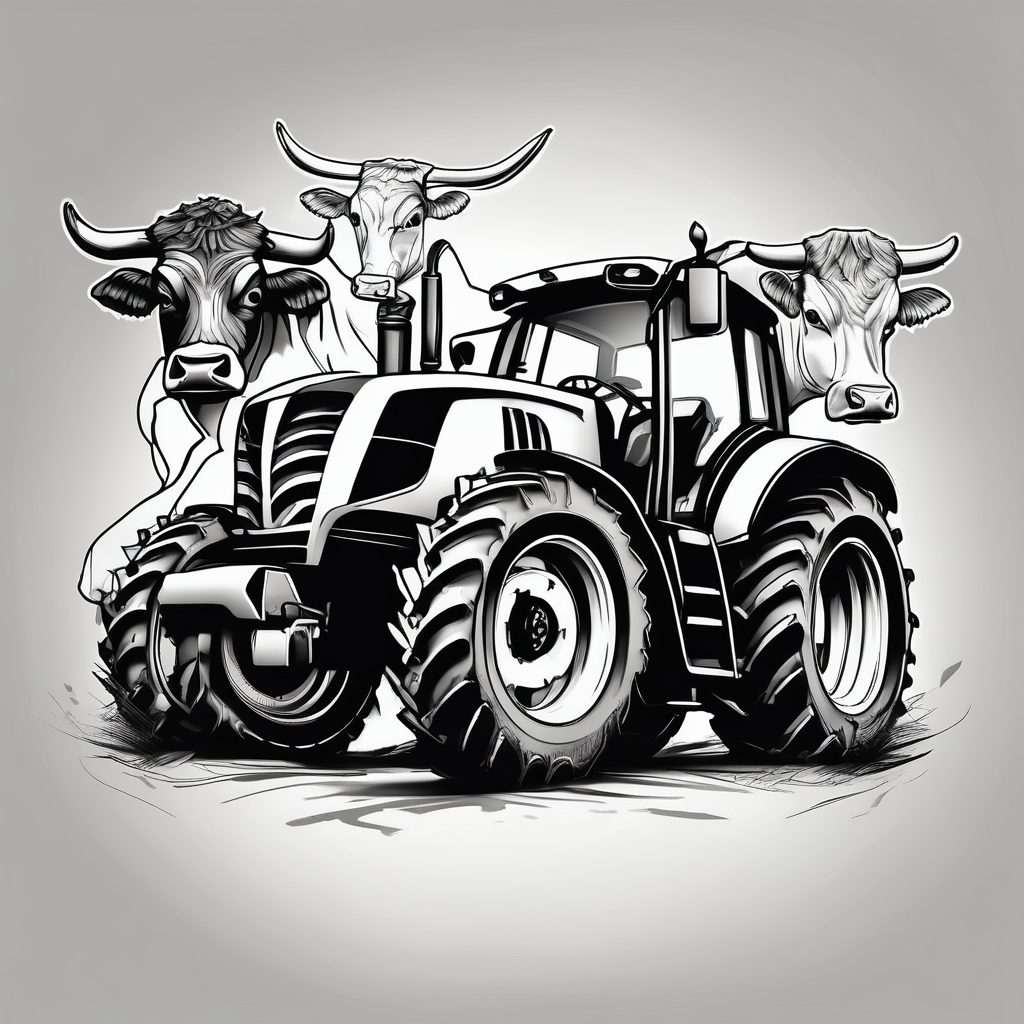 Cows, tractors, laer(AIが生成した白黒スタイルのタトゥーデザイン)