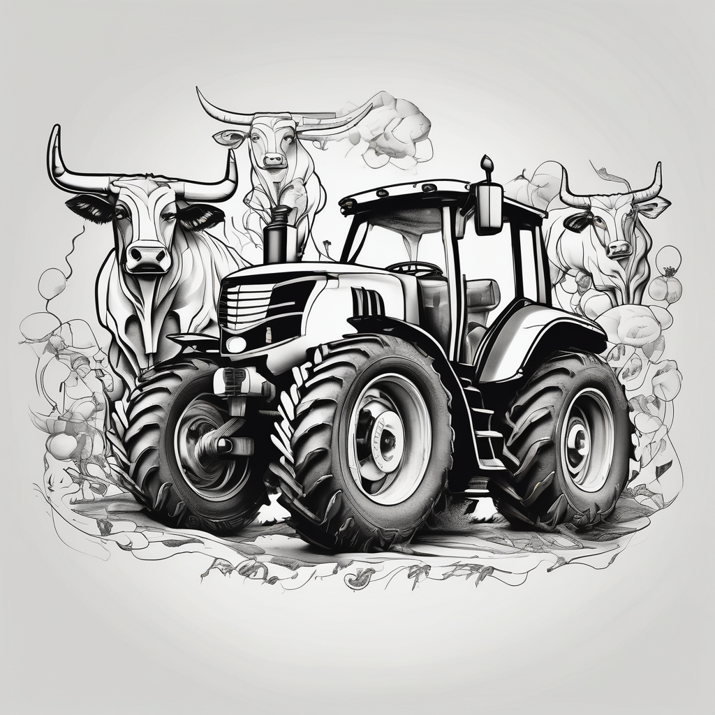 Cows, tractors, lawyer(AIが生成したシュルレアリスムスタイルのタトゥーデザイン)