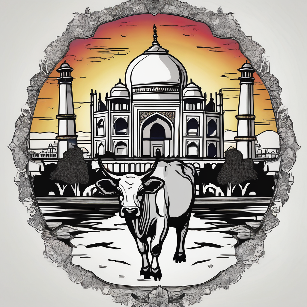 India Sunset Taj Mahal Cow Home(AIが生成した白黒スタイルのタトゥーデザイン)