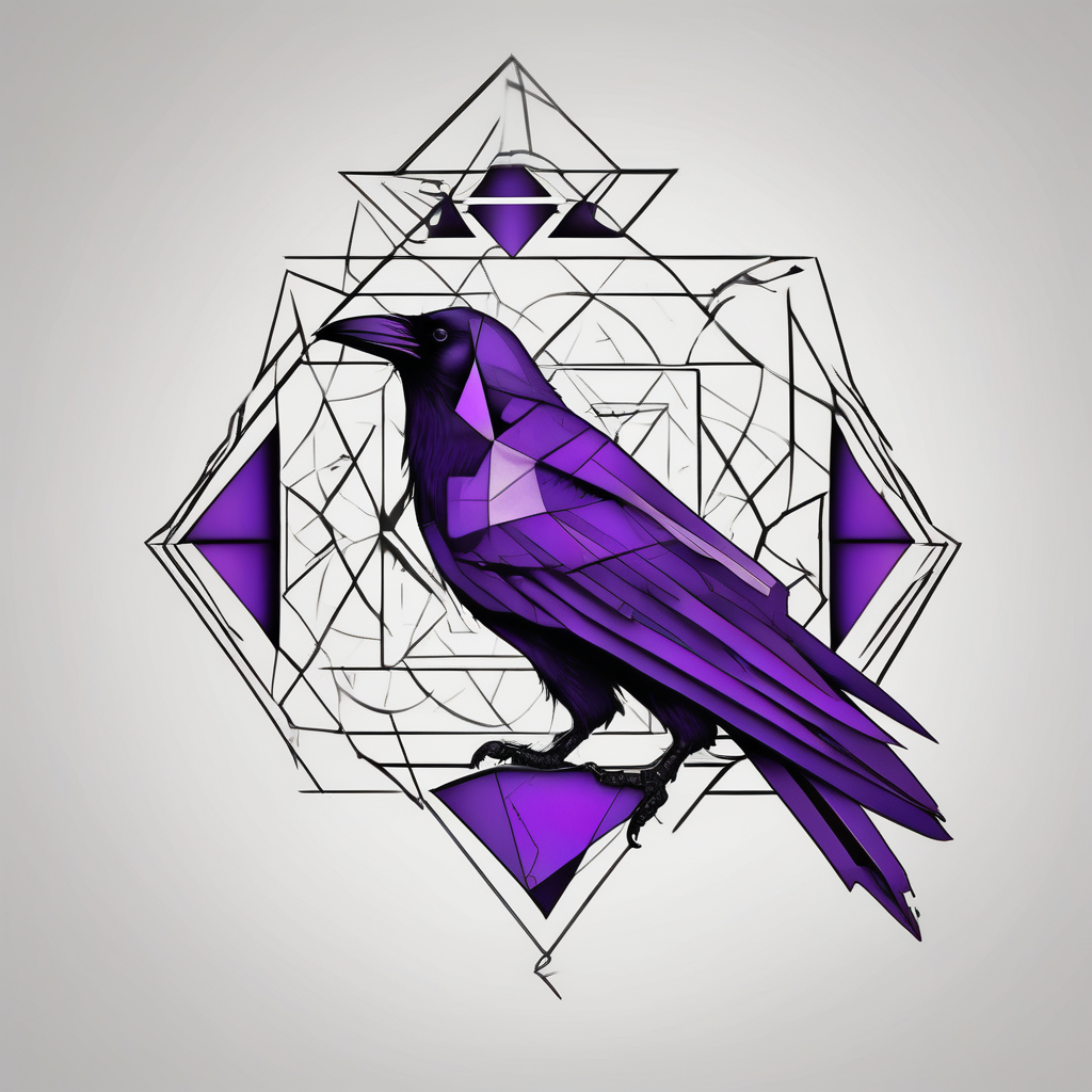A crow tattoo that incorporates a strip/band of purple somewhere in the design to represent dealing with domestic abuse. Be creative., diseño de tatuaje Geométrico generado con IA