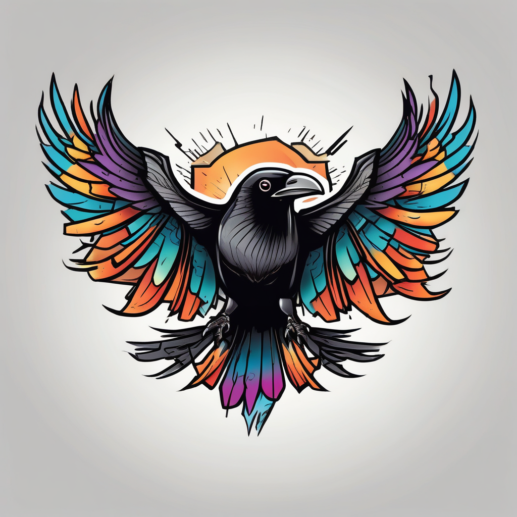 Crow flying facing front with wings wife open, diseño de tatuaje Cartoon generado con IA