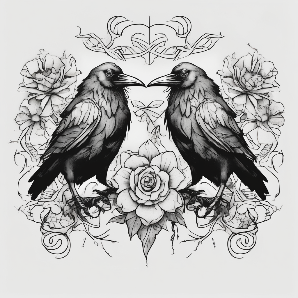 crows with flowers, diseño de tatuaje Cartoon generado con IA