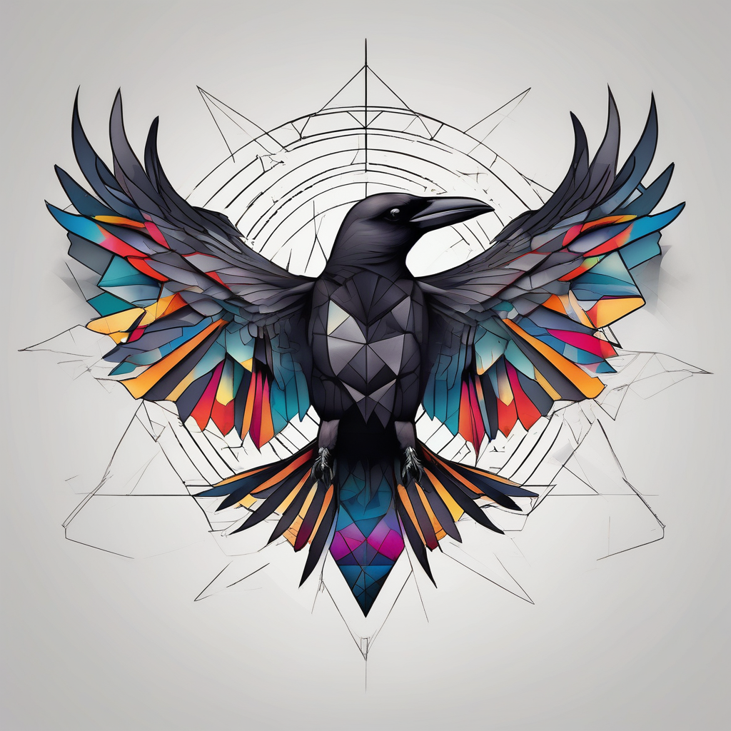 Crow flying staring facing front with wings wide open, diseño de tatuaje Geométrico generado con IA