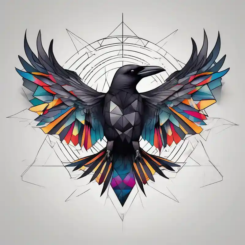 Crow flying staring facing front with wings wide open – Geométrico, Colores vivos