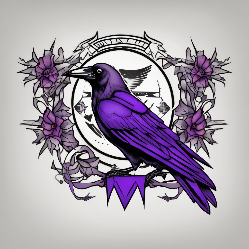 A crow tattoo that incorporates a strip/band of purple somewhere in the design to represent dealing with domestic abuse. Be creative., diseño de tatuaje Old school generado con IA
