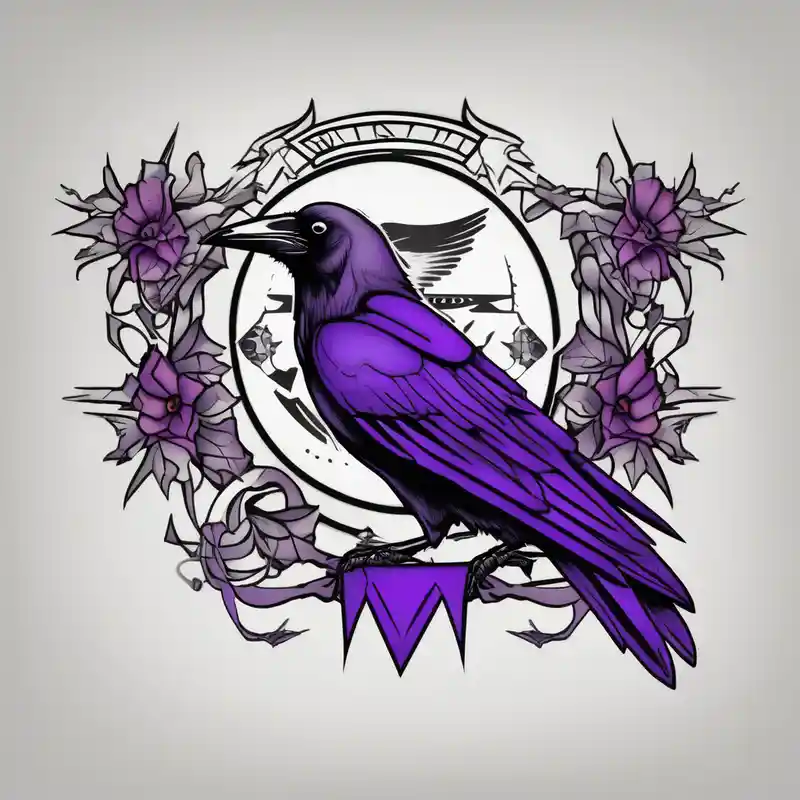 A crow tattoo that incorporates a strip/band of purple somewhere in the design to represent dealing with domestic abuse. Be – Old school, Blanco y negro