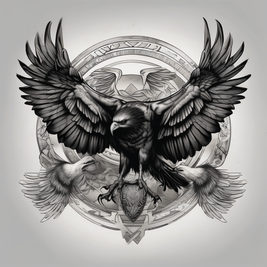 crow fighting eagle fighting owl, AI-generated Realistic tattoo design