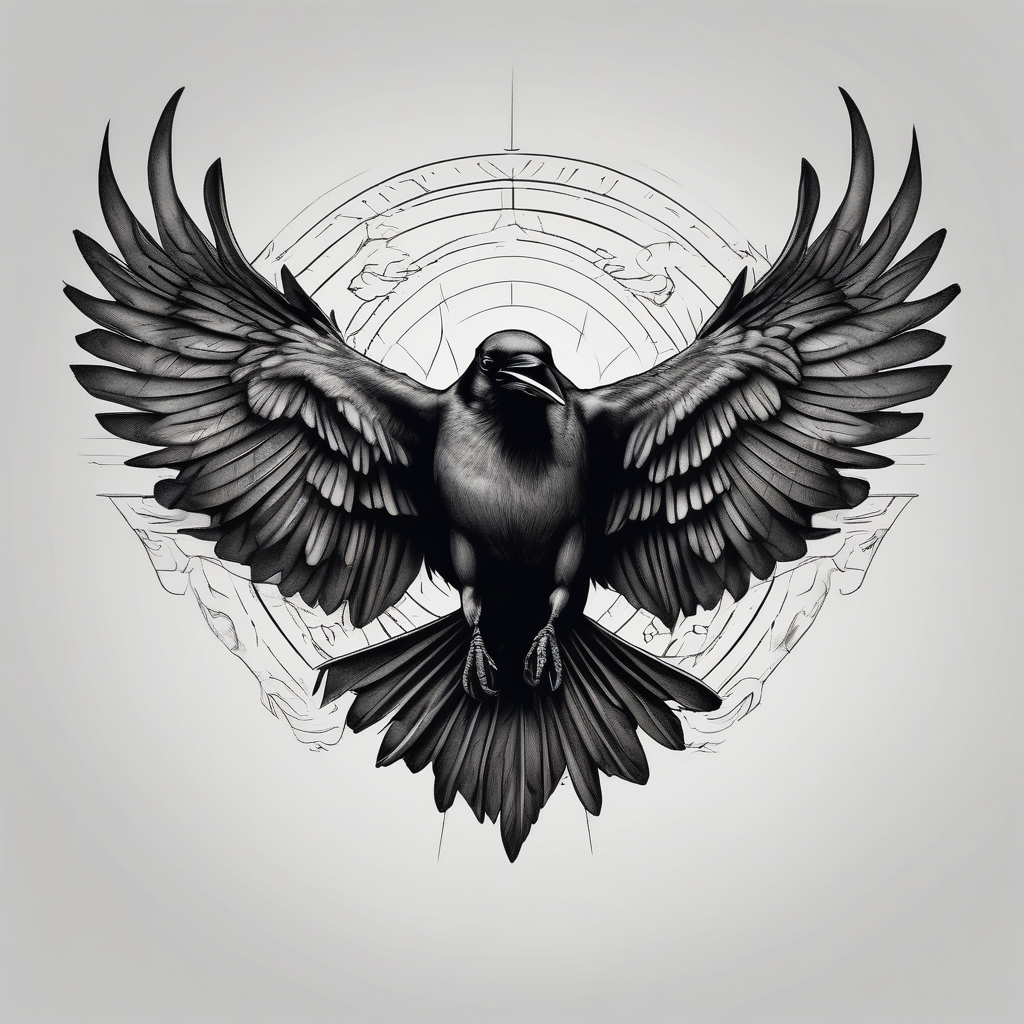 Crow flying facing front with wings wife open, diseño de tatuaje Realista generado con IA
