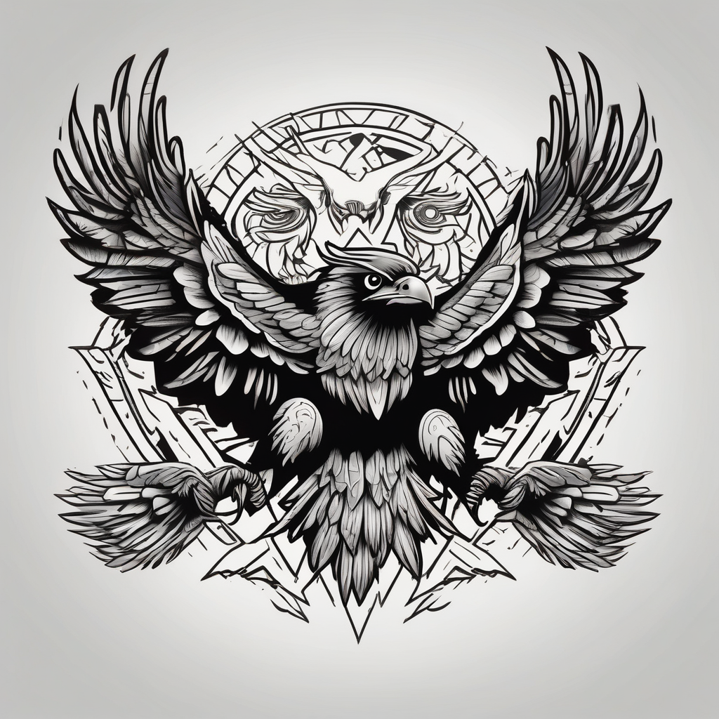 crow fighting eagle fighting owl, AI-generated Cartoon tattoo design
