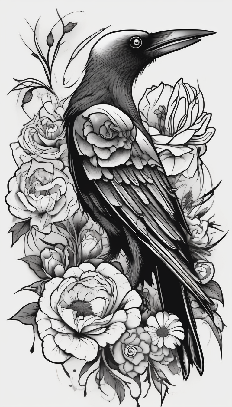 crows with flowers down my spine, diseño de tatuaje Cartoon generado con IA