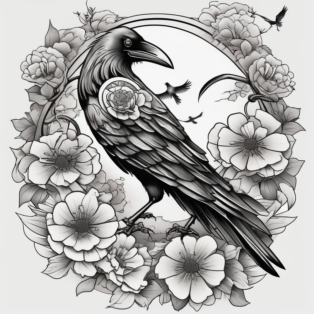 crows with flowers down my spine, diseño de tatuaje Japonés generado con IA