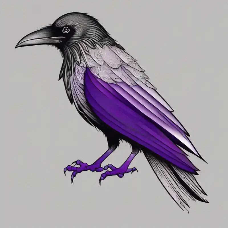 A crow tattoo that incorporates a strip/band of purple somewhere in the design to represent dealing with domestic abuse. – Puntillismo, Blanco y negro