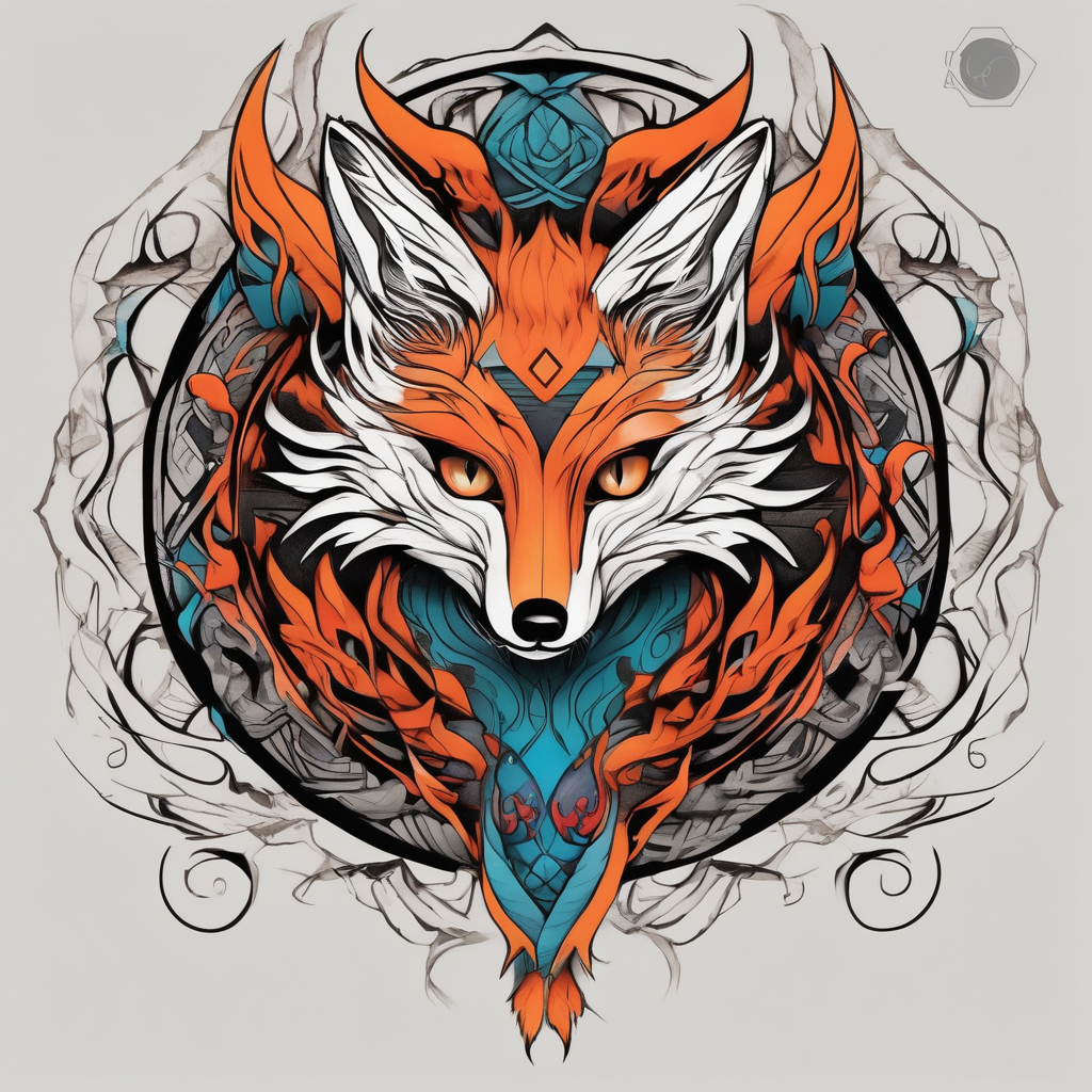 ninetails facing us, small and cute, it's in the center while the tails are surrounding the background cute-ideas, diseño de tatuaje Surrealista generado con IA