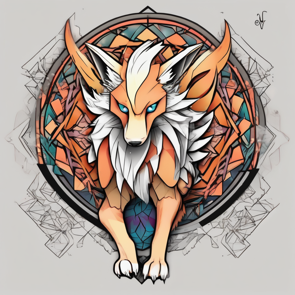 ninetails facing us, small and cute, it's in the center while the tails are surrounding the background cute-ideas, diseño de tatuaje Geométrico generado con IA