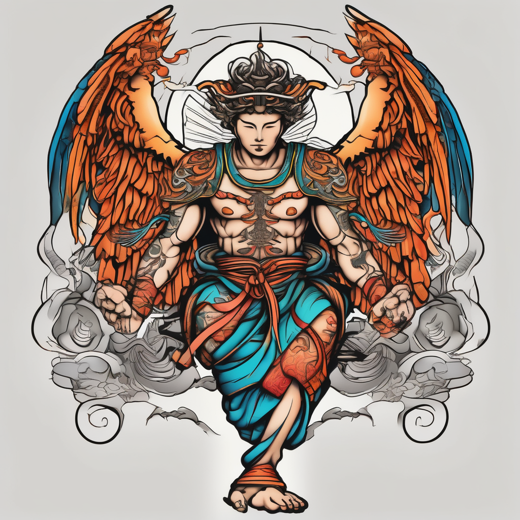 God hermes kneeling with wings wrapped around him cute-ideas, diseño de tatuaje Japonés generado con IA